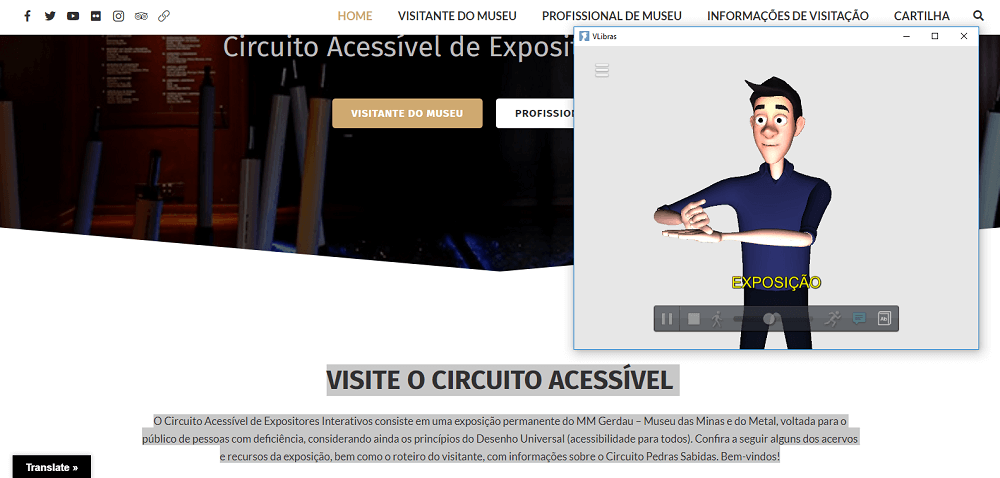 A cartilha on-line está aberta no navegador do computador e o avatar do VLibras está fazendo os sinais da palavra "exposição".